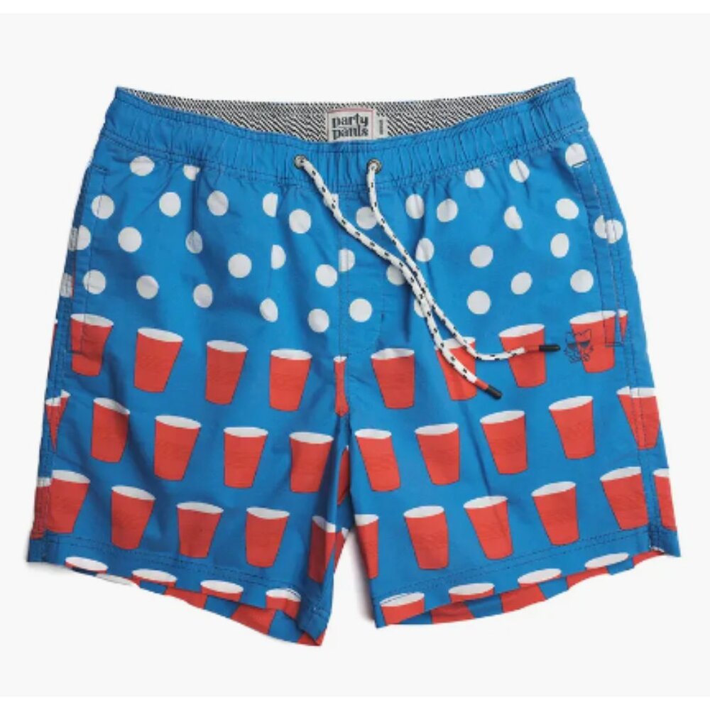 Party Pants Mens Swim Shorts Trunks Unlined Blue Red Beer Pong Small NWT
